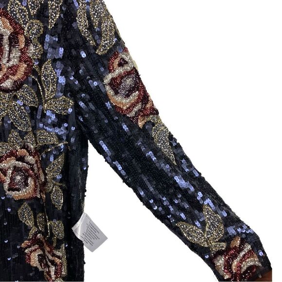 Mac Duggal Dress 20 Blue Sequined Floral Long Sleeve Midi Dress 93624 Modest - Picture 8 of 16